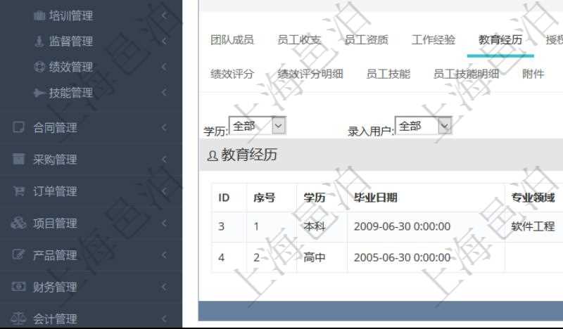 項目管理軟件人力資源管理模塊員工基本信息資料明細查詢還可以關聯查詢更多相關資料，比如員工教育經歷：序號、學歷、畢業日期、專業領域、院校、錄入時間、錄入用戶等。