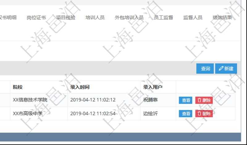 項目管理軟件人力資源管理模塊員工基本信息資料明細查詢還可以關聯查詢更多相關資料,比如員工教育經歷:序號、學歷、畢業日期、專業領域、院校、錄入時間、錄入用戶等。