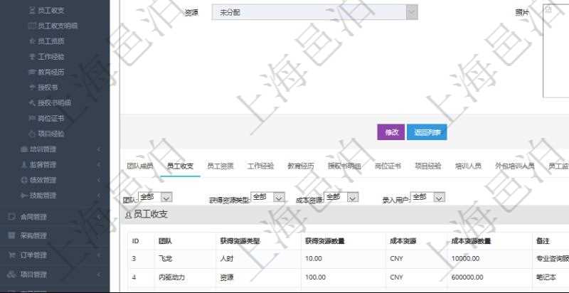 項目管理軟件人力資源管理模塊員工基本信息資料明細查詢還可以關聯查詢更多相關資料，比如員工收支信息：團隊、獲得資源類型、獲得資源數量、成本資源、成本資源數量、備注、日志類型、創建時間、記錄時間、錄入用戶。