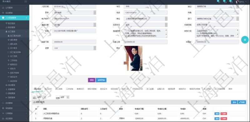 項目管理軟件人力資源管理模塊員工基本信息資料明細查詢還可以關聯查詢更多相關資料,比如團隊成員子頁面可以返回員工在不同團隊的信息,比如:團隊名稱、團隊序號、人員序號、職責、年成本下限、年成本上限、年成本、貨幣單位資源等。