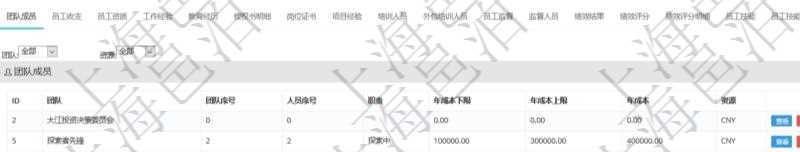 項目管理軟件人力資源管理模塊員工基本信息資料明細查詢還可以關聯查詢更多相關資料,比如團隊成員子頁面可以返回員工在不同團隊的信息,比如:團隊名稱、團隊序號、人員序號、職責、年成本下限、年成本上限、年成本、貨幣單位資源等。