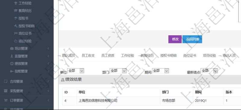 項目管理軟件人力資源管理模塊員工基本信息資料明細查詢還可以關聯查詢更多相關資料,比如績效結果:單位、部門、期間、版本、更新時間、最新績點、最新原始績點、備注等。