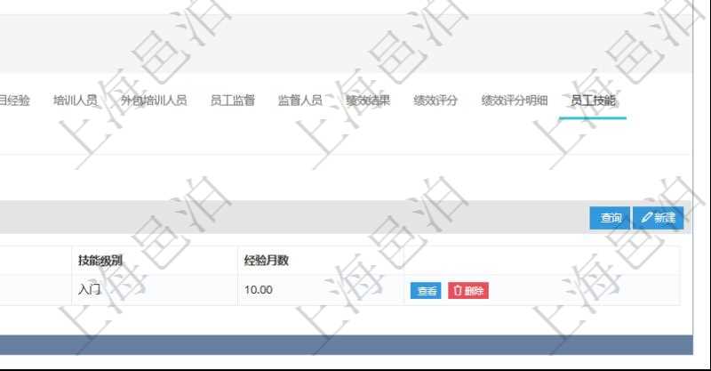 項目管理軟件人力資源管理模塊員工基本信息資料明細查詢還可以關聯查詢更多相關資料，比如員工技能：經驗、版本、更新時間、技能級別、經驗月數等。