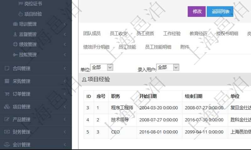 項目管理軟件人力資源管理模塊員工基本信息資料明細查詢還可以關聯查詢更多相關資料,比如項目經驗:序號、職務、開始日期、結束日期、單位、主要職責、錄入時間、錄入用戶等。