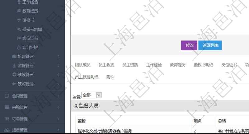 項目管理軟件人力資源管理模塊員工基本信息資料明細查詢還可以關聯查詢更多相關資料，比如負責過的監督項目：監督、項次、總結。