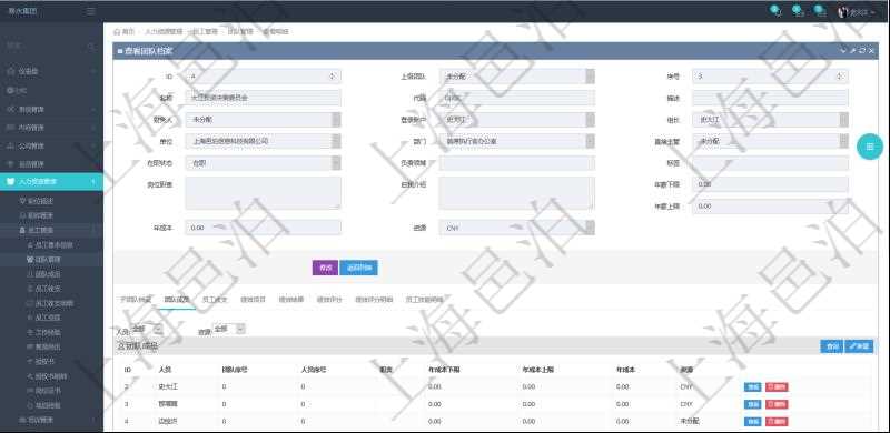項目管理軟件人力資源管理系統可以通過團隊明細子頁面查詢得到該團隊的團隊成員信息，比如：人員姓名、團隊序號、人員序號、職責、年成本下限、年成本上限、年成本、貨幣單位資源。