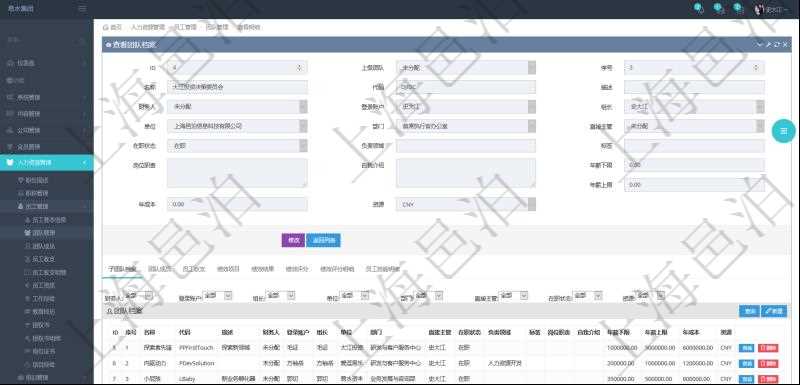 項目管理軟件人力資源管理系統可以通過團隊明細子頁面查詢得到該團隊的子團隊信息，比如：子團隊名稱、子團隊代碼、子團隊描述、財務人、登錄賬戶、組長、單位、部門、直接主管、在職狀態、負責領域、標簽、崗位職責、自我介紹、年薪下限、年薪上限、年成本等。