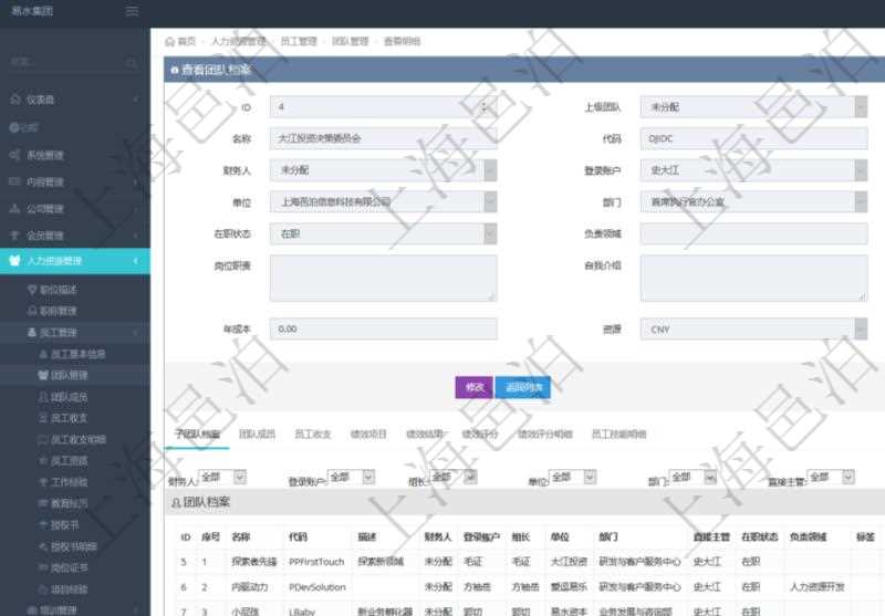 項目管理軟件人力資源管理系統可以通過團隊明細子頁面查詢得到該團隊的子團隊信息,比如:子團隊名稱、子團隊代碼、子團隊描述、財務人、登錄賬戶、組長、單位、部門、直接主管、在職狀態、負責領域、標簽、崗位職責、自我介紹、年薪下限、年薪上限、年成本等。