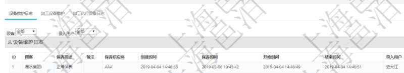 在項目管理軟件MES生產制造管理系統查看設備維護信息時返回設備信息：單位、部門、團隊、工廠、資產、名稱、描述、設備類型、創建時間、創建者、擁有者、操作員、是否可用標志、使用中標志、地區、地址、日加工能力、加工能力單位、計件設備成本、計時設備成本、資源、貨幣單位、保養周期、保養預警、上次保養日期。同時返回關聯的設備維護日志：保養描述、備注、保養供應商、創建時間、保養時間、開始時間、結束時間及錄入用戶。