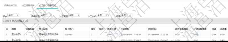 在項目管理軟件MES生產制造管理系統查看設備維護信息時返回設備信息。同時返回關聯的加工執行設備日志：設備配置、加工配置、加工執行、序號、描述、耗費小時、開始時間、結束時間、計件設備成本、計時設備成本、資源、貨幣單位、總成本。