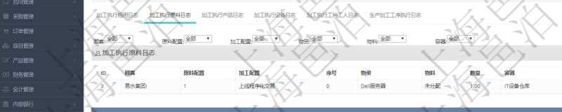 在項目管理軟件MES生產制造管理系統查詢加工執行日志信息時，還返回了關聯的加工執行原料日志：原料配置、加工配置、序號、物資、物料、數量、容器、描述。