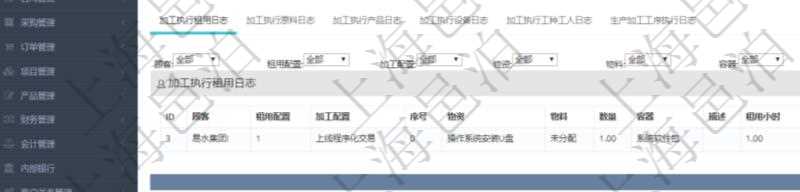 在項目管理軟件MES生產制造管理系統查詢加工執行日志信息時,還返回了關聯的加工執行租用日志:租用配置、加工配置、序號、物資、物料、數量、容器、描述、租用小時、開始時間、結束時間。