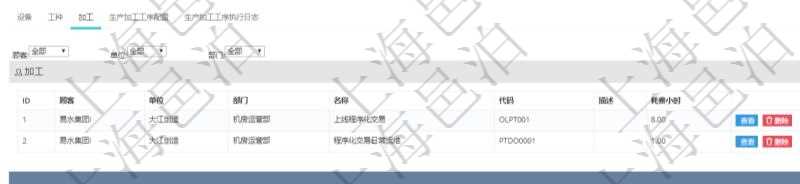 在項目管理軟件MES生產制造管理系統查看工廠信息時除了返回工廠信息,同時返回關聯的加工信息:單位、部門、名稱、代碼、描述、耗費小時。
