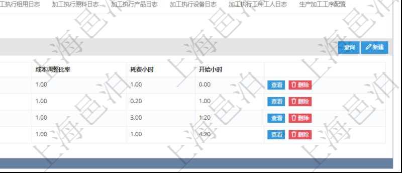 在項目管理軟件MES生產制造管理系統查詢加工明細信息時,還返回了關聯的加工設備配置:序號、設備、描述、成本調整比率、耗費小時、開始小時。