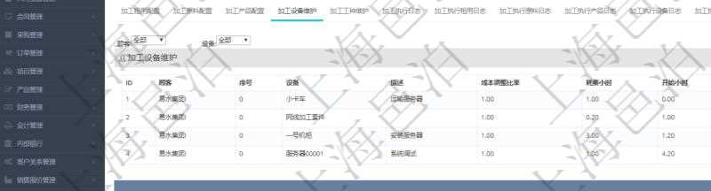 在項目管理軟件MES生產制造管理系統查詢加工明細信息時，還返回了關聯的加工設備配置：序號、設備、描述、成本調整比率、耗費小時、開始小時。