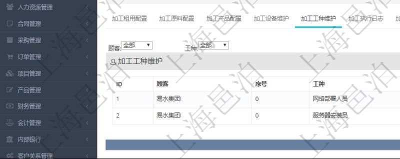 在項目管理軟件MES生產制造管理系統查詢加工明細信息時，還返回了關聯的加工工種維護：序號、工種、工時調整比率、描述。