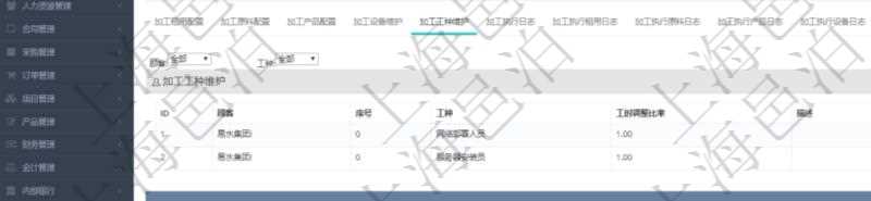 在項目管理軟件MES生產制造管理系統查詢加工明細信息時,還返回了關聯的加工工種維護:序號、工種、工時調整比率、描述。