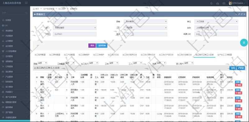 在項目管理軟件MES生產制造管理系統查詢加工明細信息時，還返回了關聯的加工執行工種工人日志：工種配置、加工執行、序號、工種、工時調整比率、描述、工人、計件人力成本、計時人力成本、計件工種成本、計時工種成本、資源、貨幣單位、工時、備注、日志類型、創建時間、記錄時間、開始時間、結束時間、錄入用戶、總成本。