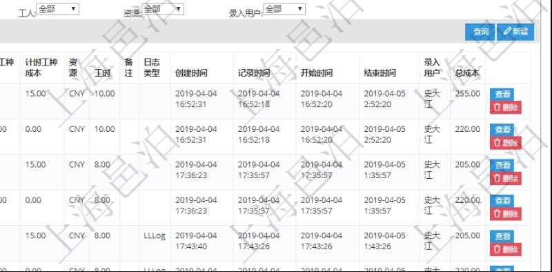在項目管理軟件MES生產制造管理系統查詢加工明細信息時,還返回了關聯的加工執行工種工人日志:工種配置、加工執行、序號、工種、工時調整比率、描述、工人、計件人力成本、計時人力成本、計件工種成本、計時工種成本、資源、貨幣單位、工時、備注、日志類型、創建時間、記錄時間、開始時間、結束時間、錄入用戶、總成本。
