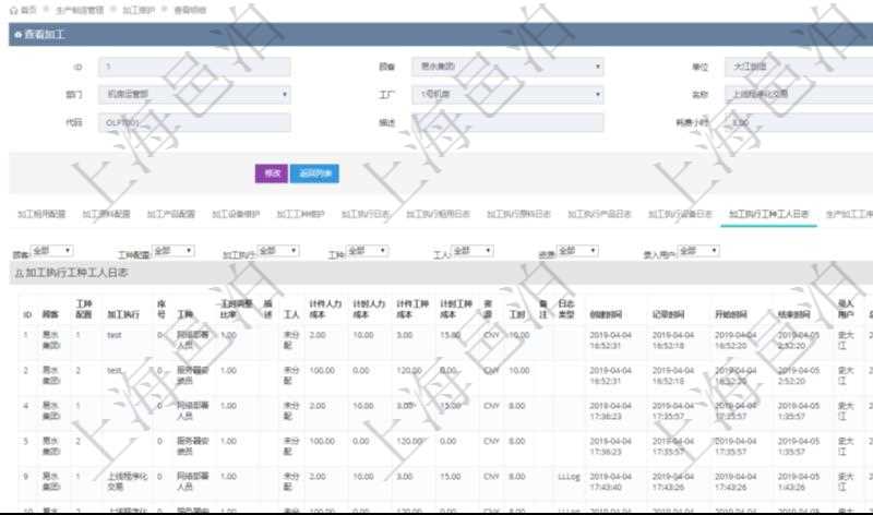 在項目管理軟件MES生產制造管理系統查詢加工明細信息時,還返回了關聯的加工執行工種工人日志:工種配置、加工執行、序號、工種、工時調整比率、描述、工人、計件人力成本、計時人力成本、計件工種成本、計時工種成本、資源、貨幣單位、工時、備注、日志類型、創建時間、記錄時間、開始時間、結束時間、錄入用戶、總成本。