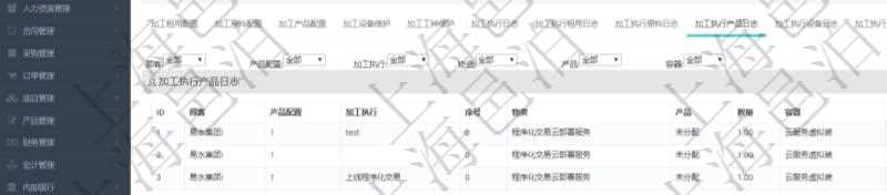 在項目管理軟件MES生產制造管理系統查詢加工明細信息時，還返回了關聯的加工執行產品日志：產品配置、加工執行、序號、物資、產品、數量、容器、描述。