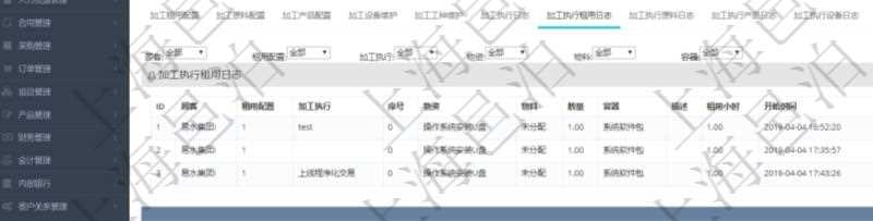 在項目管理軟件MES生產制造管理系統查詢加工明細信息時，還返回了關聯的加工執行租用日志：租用配置、加工執行、序號、物資、物料、數量、容器、描述、租用小時、開始時間、結束時間。