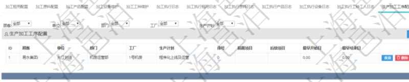 在項目管理軟件MES生產制造管理系統查詢加工明細信息時，還返回了關聯的生產加工工序配置：單位、部門、工廠、生產計劃、序號、前置項目、后續項目、最早開始日、最早結束日。