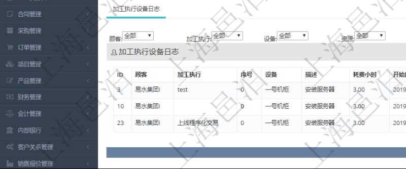 在項目管理軟件MES生產制造管理系統查詢加工設備維護信息時，還返回了關聯的加工執行設備日志：加工執行、序號、設備、描述、耗費小時、開始時間、結束時間、計件設備成本、計時設備成本、資源、貨幣單位、總成本。