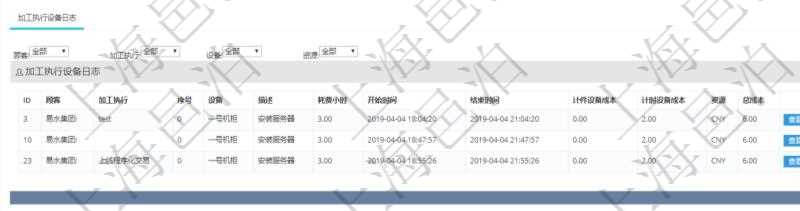 在項目管理軟件MES生產制造管理系統查詢加工設備維護信息時,還返回了關聯的加工執行設備日志:加工執行、序號、設備、描述、耗費小時、開始時間、結束時間、計件設備成本、計時設備成本、資源、貨幣單位、總成本。