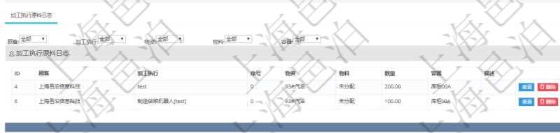 在項目管理軟件MES生產制造管理系統查詢加工原料配置信息時，還返回了關聯的加工執行原料日志：加工執行、序號、物資、物料、數量、容器、描述。