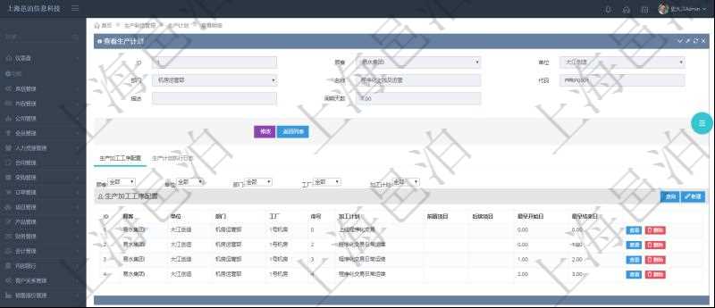 在項目管理軟件MES生產制造管理系統中查詢生產計劃明細返回單位、部門、名稱、代碼、描述、周期天數。同時還會返回生產加工工序配置明細：單位、部門、工廠、序號、加工計劃、前置項目、后續項目、最早開始日、最早結束日。