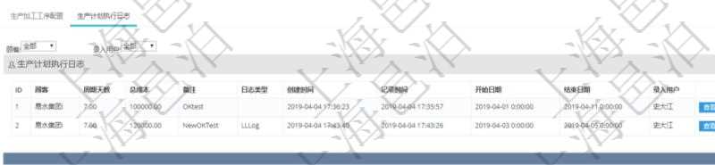 在項目管理軟件MES生產制造管理系統中查詢生產計劃明細還會返回生產計劃執行日志明細：周期天數、總成本、備注、日志類型、創建時間、記錄時間、開始日期、結束日期及錄入用戶。