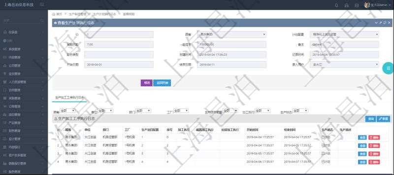 在項目管理軟件MES生產制造管理系統中查詢生產計劃執行日志明細信息還會返回生產加工工序執行日志明細：單位、部門、工廠、生產項目配置、序號、加工執行、前置加工執行、后續加工執行、開始時間、結束時間、生產狀態、生產描述。