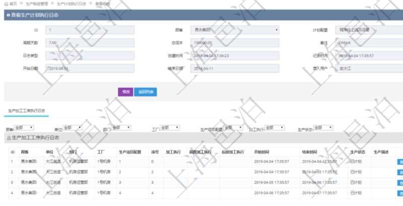 在項目管理軟件MES生產制造管理系統中查詢生產計劃執行日志明細信息還會返回生產加工工序執行日志明細：單位、部門、工廠、生產項目配置、序號、加工執行、前置加工執行、后續加工執行、開始時間、結束時間、生產狀態、生產描述。