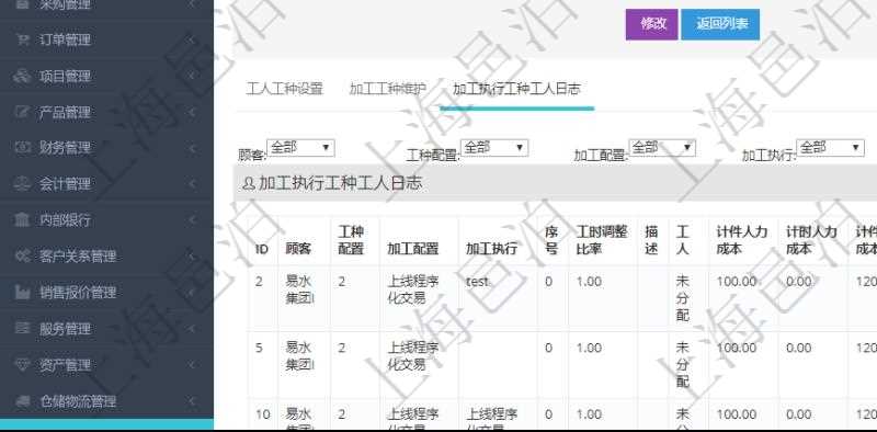 在項目管理軟件MES生產制造管理系統查詢工種明細信息的時候，還會返回關聯的加工執行工種工人日志：工種配置、加工配置、加工執行、序號、工時調整比率、描述、工人、計件人力成本、計時人力成本、計件工種成本、資源、貨幣單位、工時、備注、日志類型、創建時間、記錄時間、開始時間、結束時間、錄入用戶、總成本。