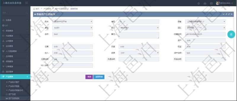 通過項目管理軟件產品管理模塊可以維護和查詢產品資產負債明細信息,比如:單位、部門、團隊、名稱、備注、創建時間、資產、花費、負債、權益、收入、貨幣單位資源、資產說明、花費說明、負債說明、權益說明、收入說明。