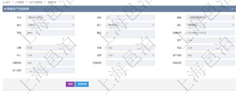 通過項目管理軟件產品管理模塊可以維護和查詢產品資產負債明細信息，比如：單位、部門、團隊、名稱、備注、創建時間、資產、花費、負債、權益、收入、貨幣單位資源、資產說明、花費說明、負債說明、權益說明、收入說明。