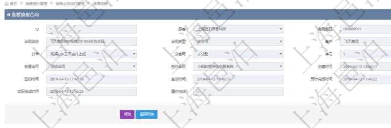 在項目管理軟件銷售報價管理系統中查詢返回的銷售合同明細信息有：合同編碼、合同名稱、合同類型、客戶、訂單、父合同、序號、前置合同、簽約合同、創建時間、簽約時間、生效時間、預計完成時間、實際完成時間及是否履約完畢標志。